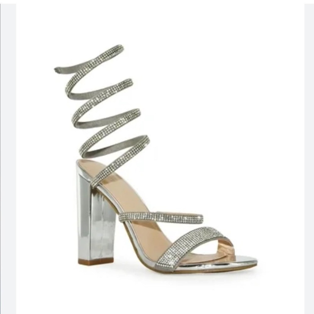 Windsor Rhinestone Spiral Wrap Silver High Block Heel Sandals ‎ Shoes Size 8
